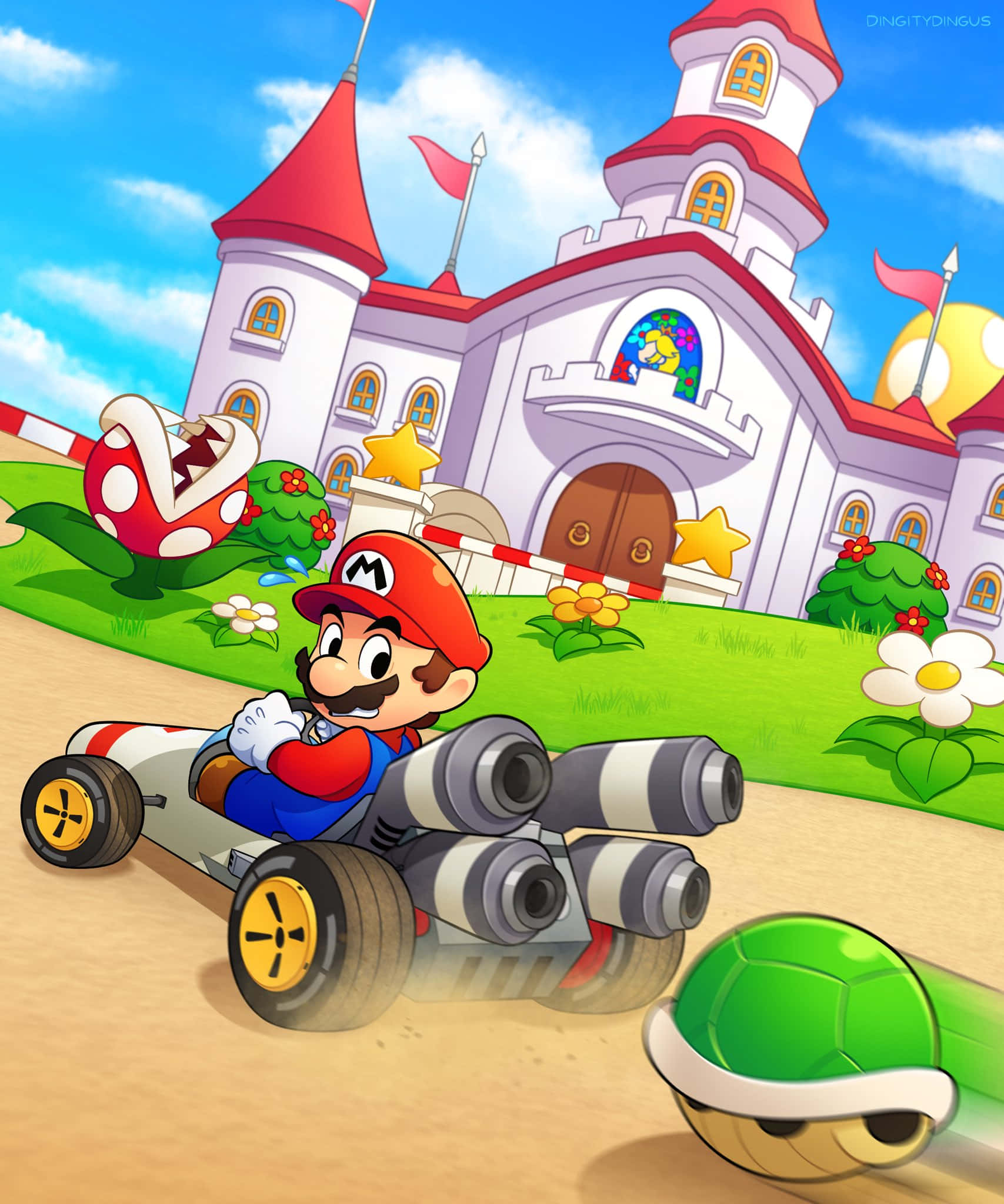 piranha plant 桌布 壁紙 — 瑪利歐駕駛他的加農炮卡丁車，在明亮的藍天下經過城堡附近的綠色烏龜和巨型花朵。