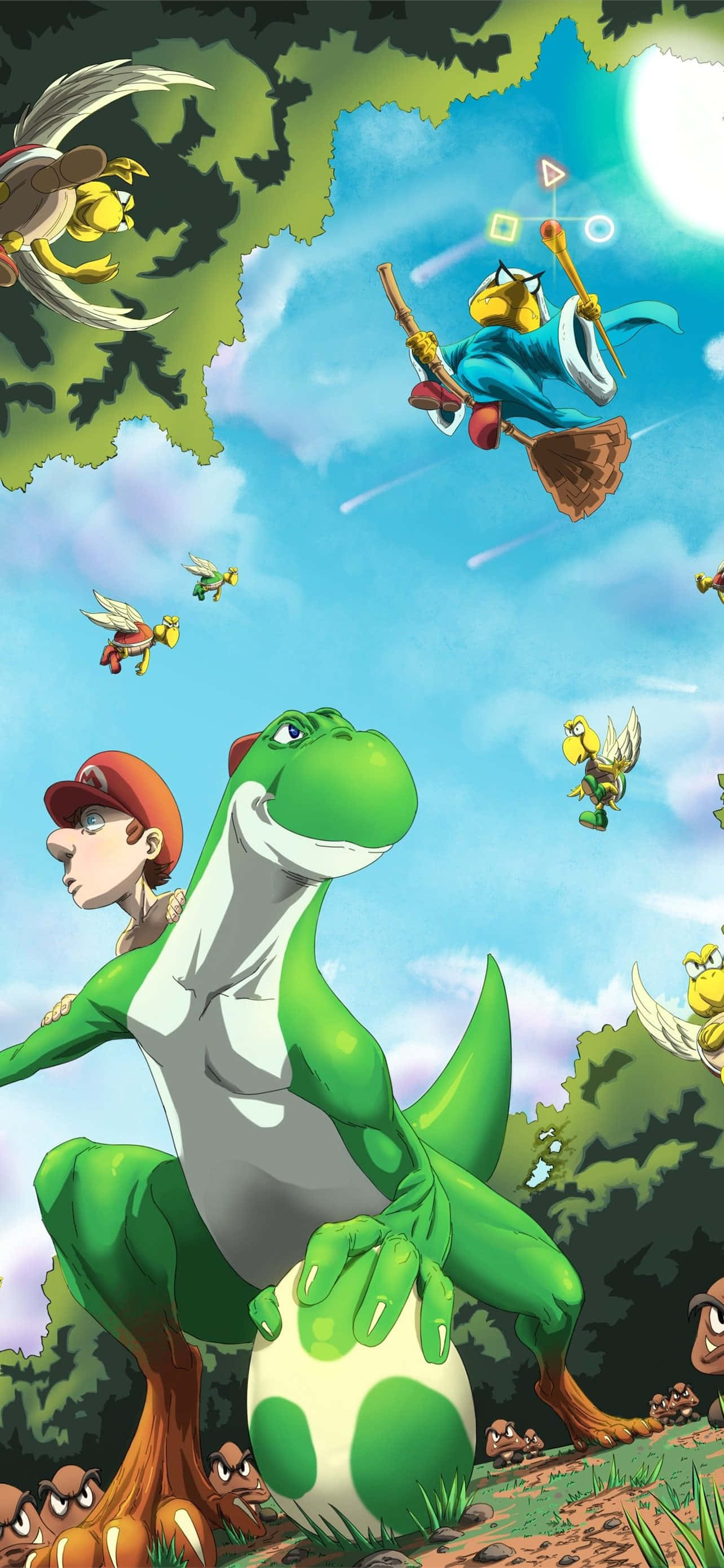 Yoshi 桌布 壁紙 — 瑪利歐騎著綠色耀西穿過森林，飛鳥在明亮的陽光下追逐他們。