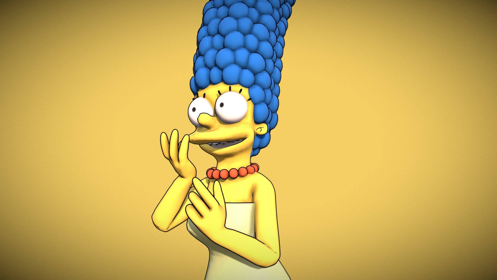 marge 桌布 壁紙 — 瑪吉·辛普森以其標誌性的藍色蜂窩髮型微笑，雙手在溫暖的黃色背景前靠近臉部合攏。