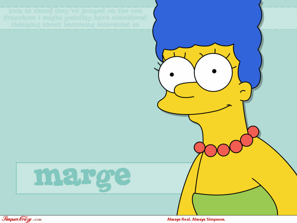 marge 桌布 壁紙 — 瑪吉·辛普森在淺藍綠色背景上的卡通肖像中微笑，並顯示她的名字。