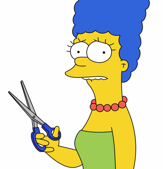 marge 桌布 壁紙 — 瑪吉·辛普森在純白色背景下，表情嚴肅地拿著剪刀。