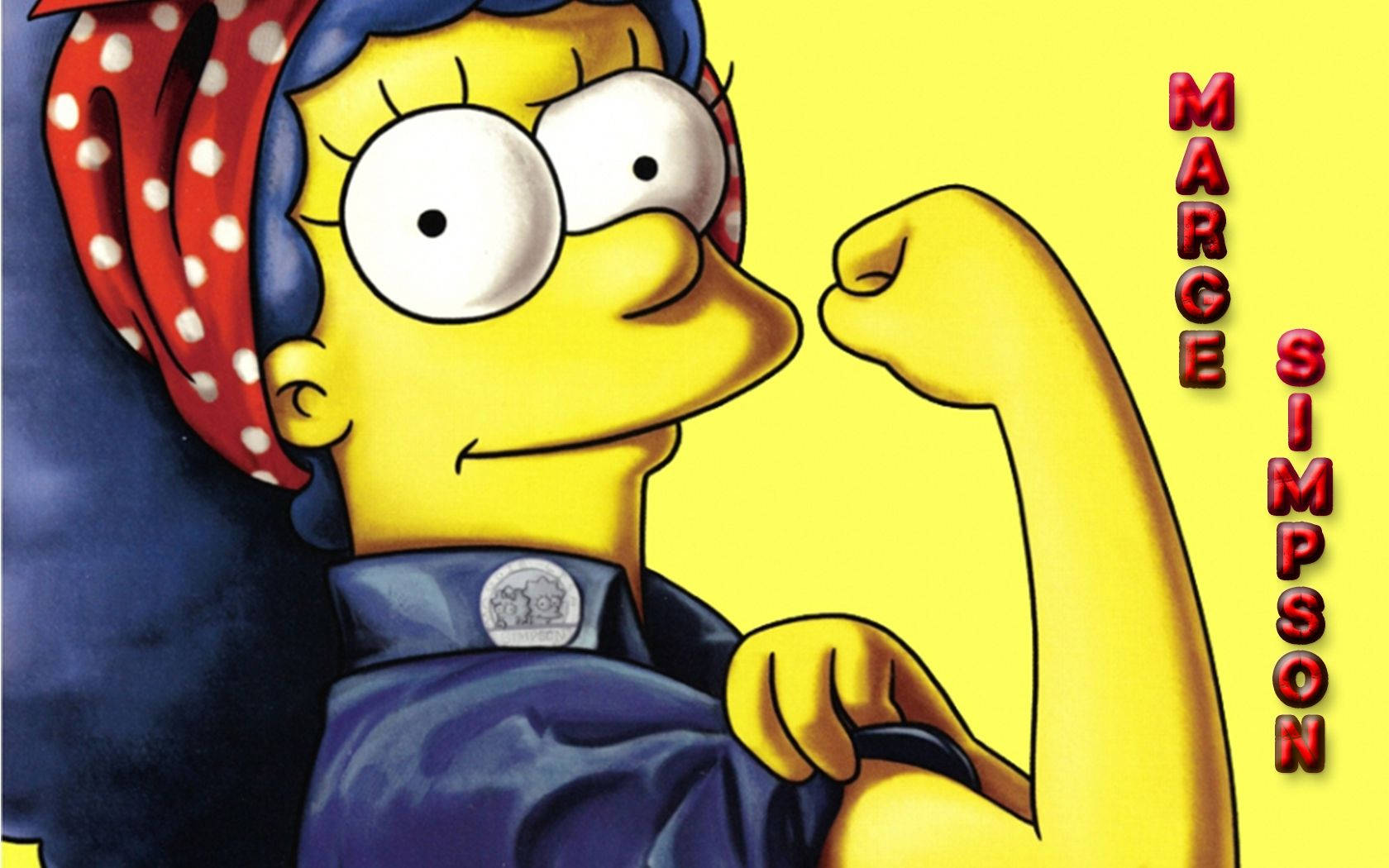 marge 桌布 壁紙 — 瑪吉·辛普森在鮮黃色背景上彎曲二頭肌，戴著標誌性的紅色圓點頭巾。