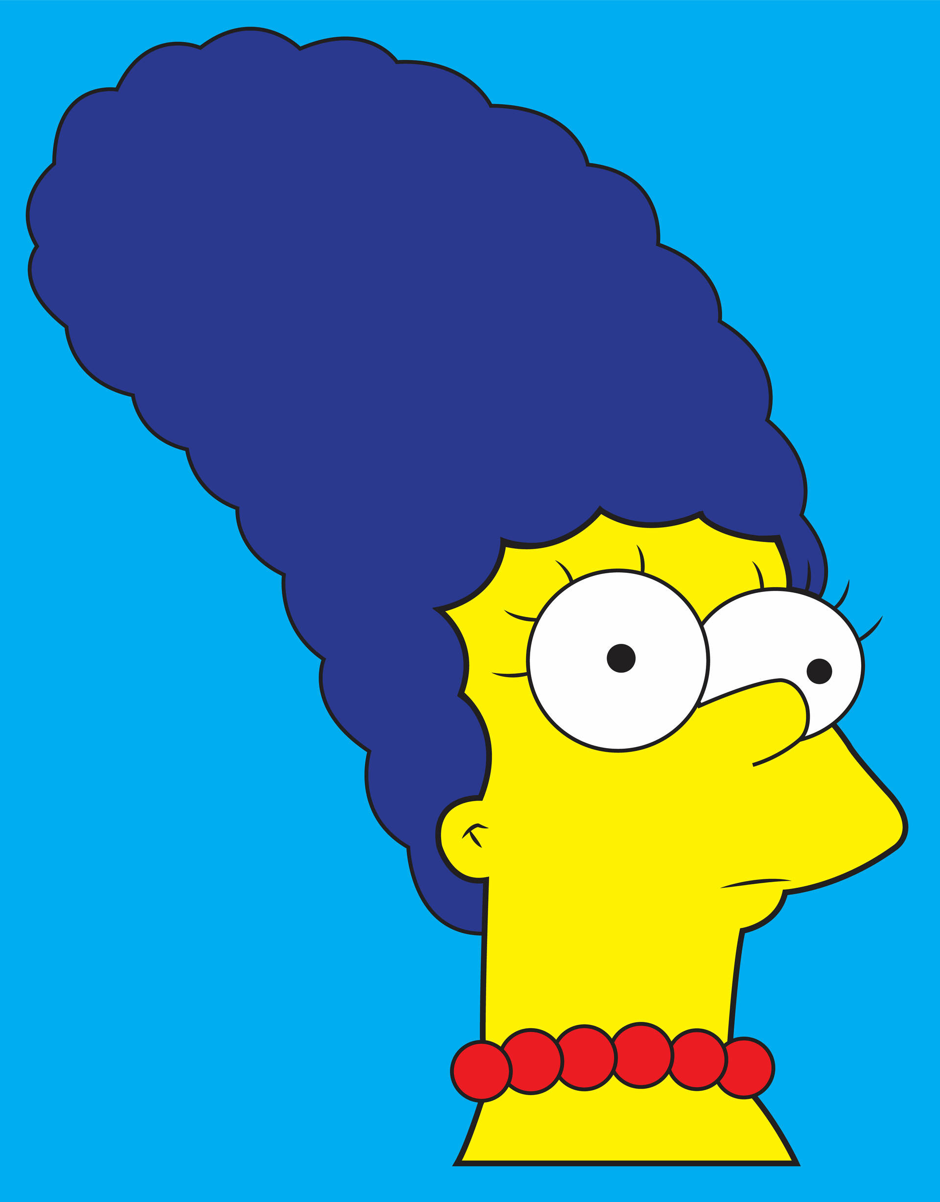 marge 桌布 壁紙 — 瑪吉·辛普森的側面，帶有標誌性的藍色蜂窩髮型和紅色珠鏈，背景為純藍色。