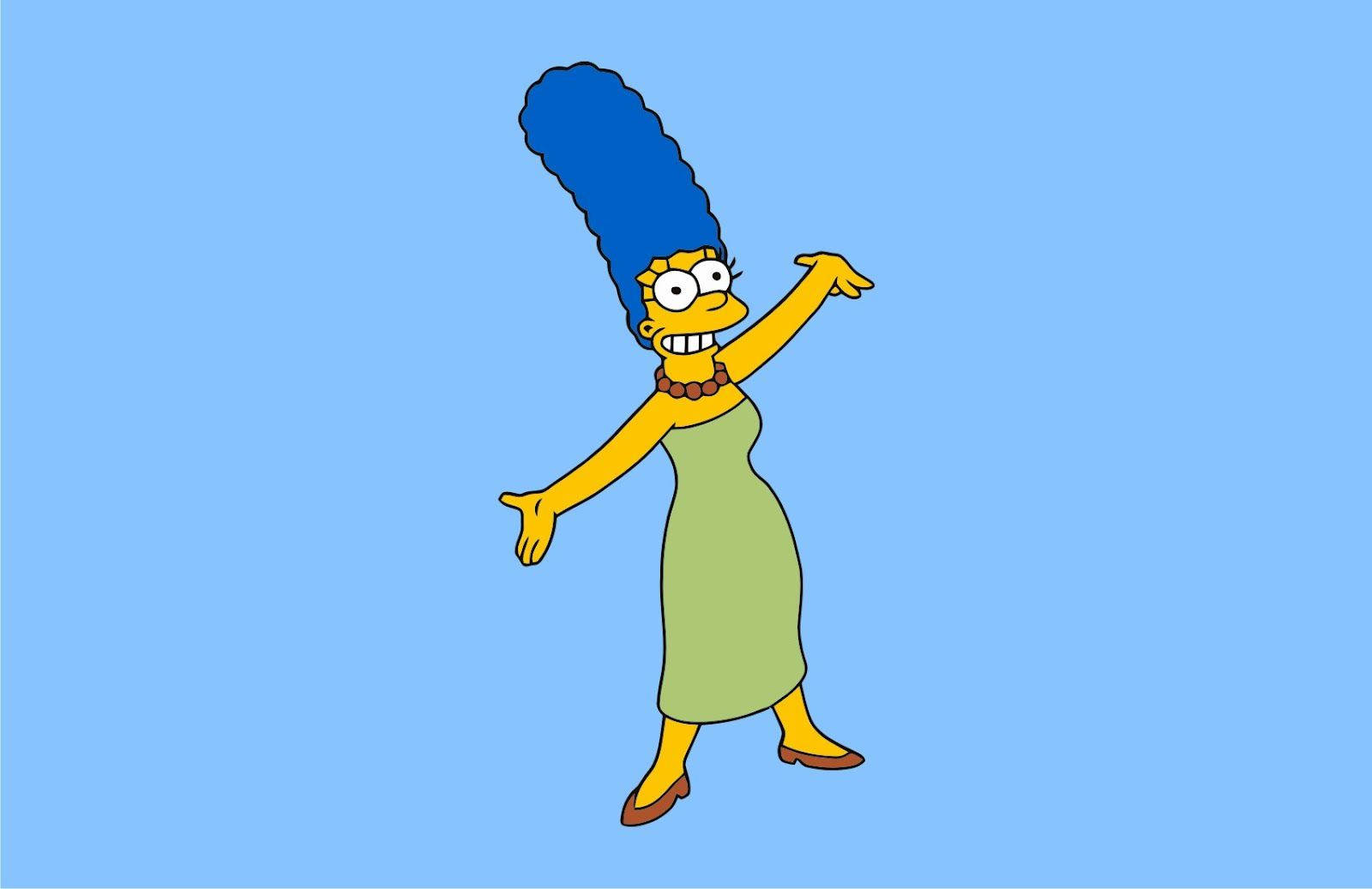 marge 桌布 壁紙 — 瑪吉·辛普森穿著綠色連衣裙，在純藍色背景前快樂地跳舞，留著她標誌性的藍色蜂窩頭。