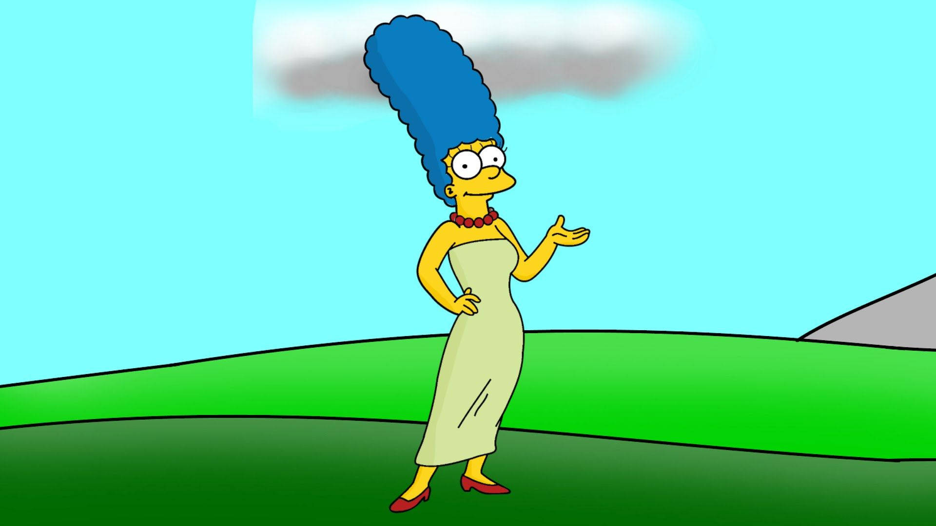 marge 桌布 壁紙 — 瑪吉·辛普森站在草地上，藍天白雲，一手叉腰，另一手做手勢。