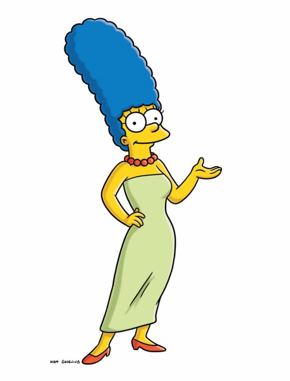 marge 桌布 壁紙 — 瑪吉·辛普森自信地穿著淺綠色連衣裙和紅色高跟鞋，留著標誌性的藍色蜂窩頭。