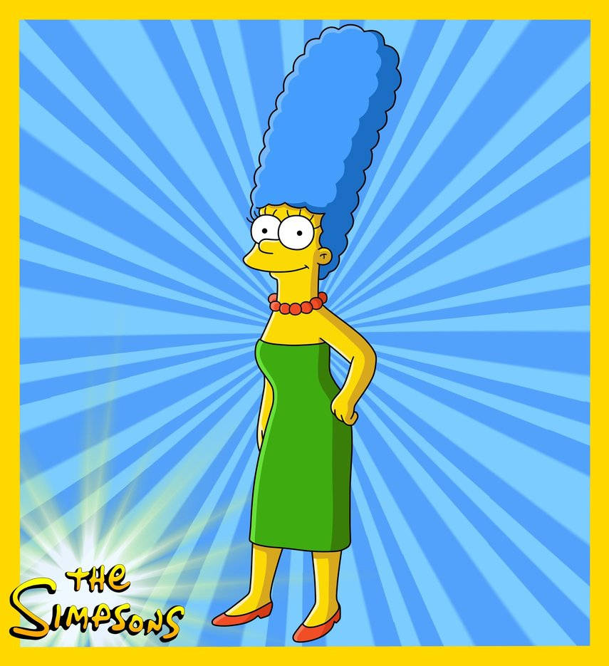 marge 桌布 壁紙 — 瑪吉·辛普森自信地站在綠色連衣裙中，背景是帶有黃色邊框的藍色放射狀背景。