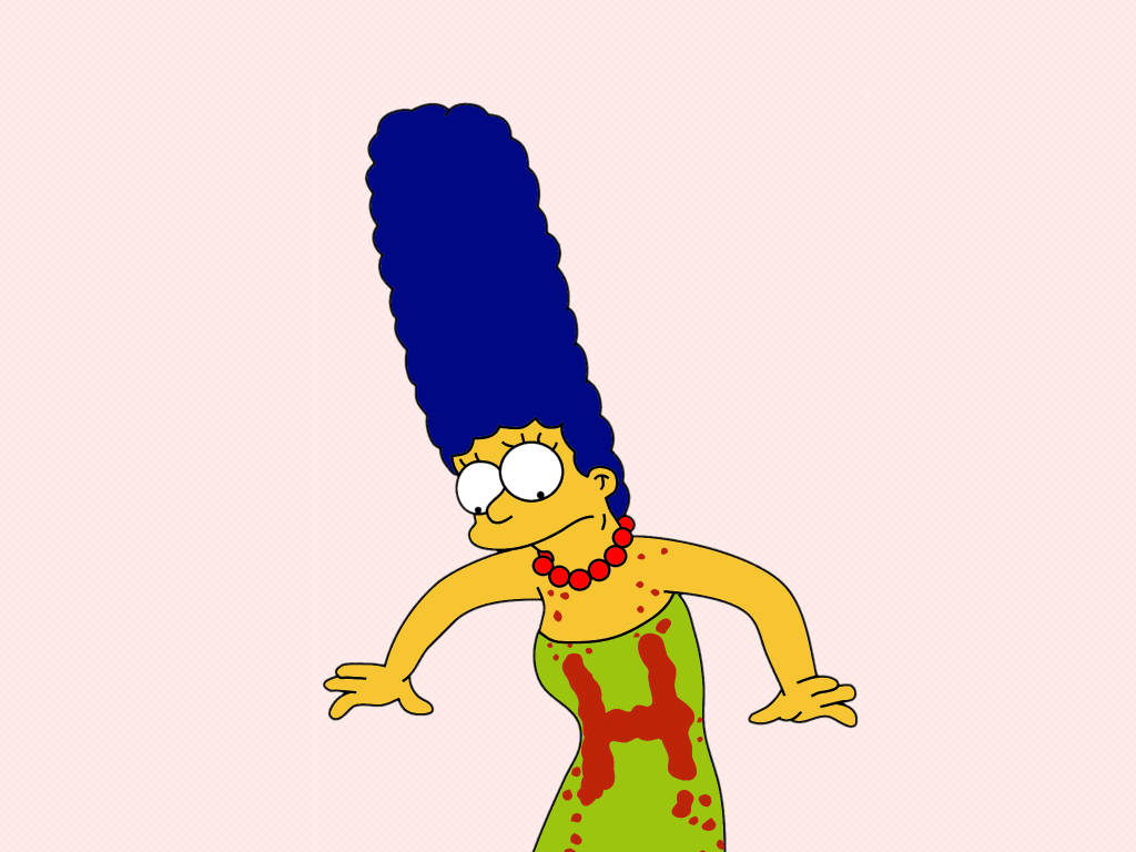 marge 桌布 壁紙 — 瑪吉·辛普森身穿綠色連衣裙，上面濺有紅色油漆，背景為淡粉色。