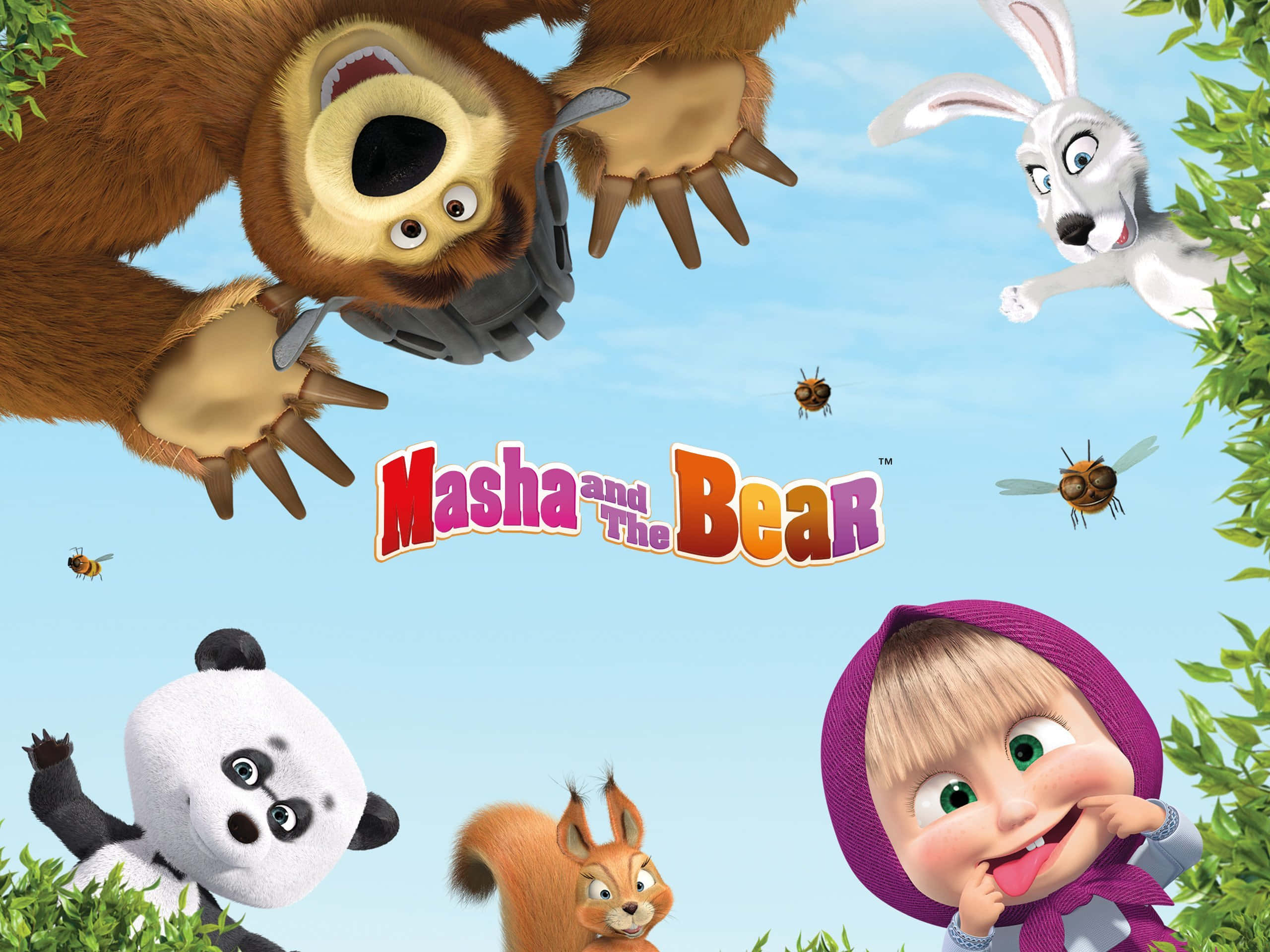 Masha And The Bear 桌布 壁紙 — 瑪莎與熊和朋友們在明亮的森林場景中，蜜蜂飛來飛去。