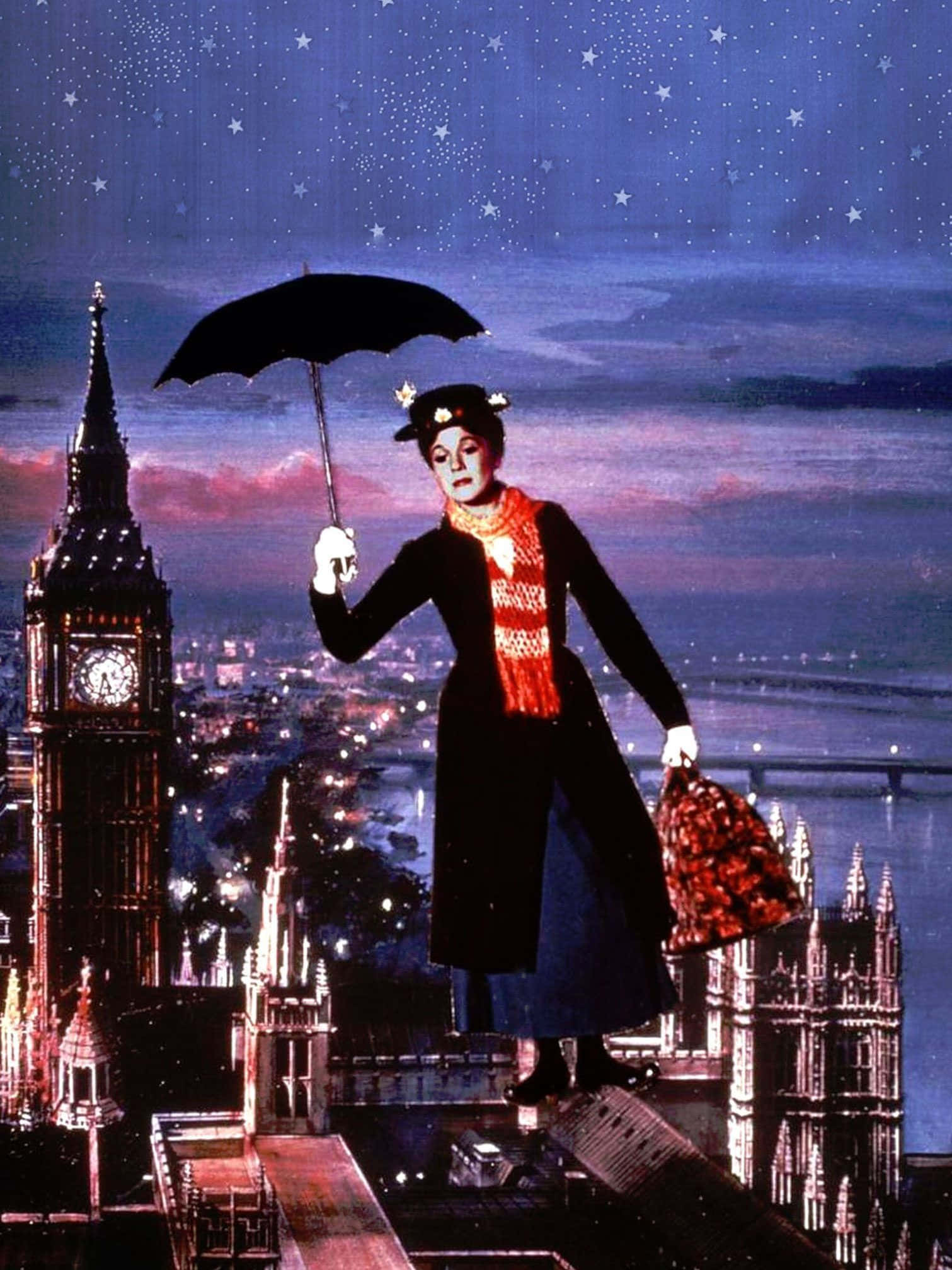 mary poppins 桌布 壁紙 — 瑪麗·波平斯在倫敦屋頂上空飄浮，撐著雨傘，在星光燦爛的暮色天空下，大笨鐘在下方閃耀。