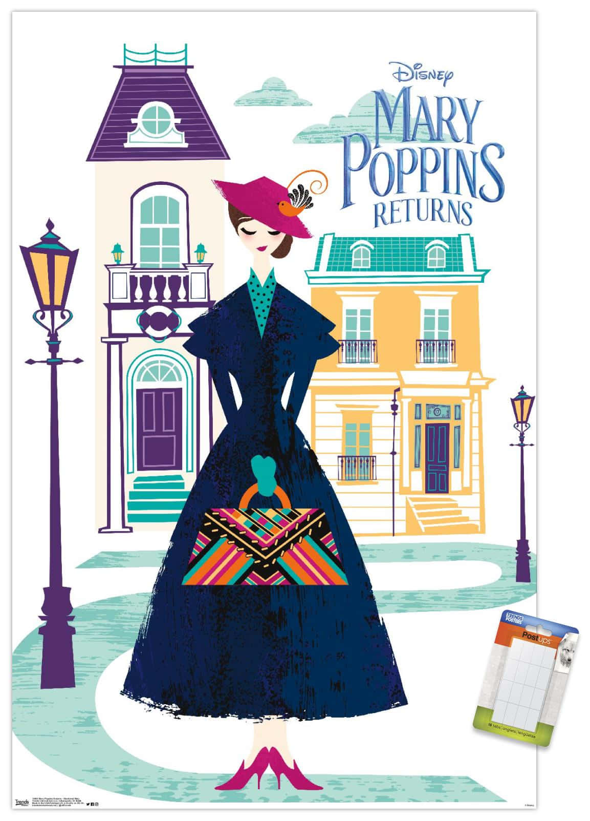 mary poppins 桌布 壁紙 — 瑪麗·波平斯自信地站在一條充滿活力的城市街道上，身穿海軍藍外套和粉紅色帽子，手持一個色彩繽紛的手袋。