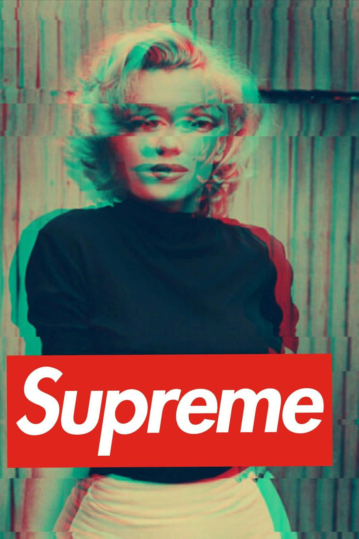 Marilyn Monroe iPhone 桌布 壁紙 — 瑪麗蓮夢露的故障藝術肖像，帶有色彩像差和紅色Supreme標誌疊加。