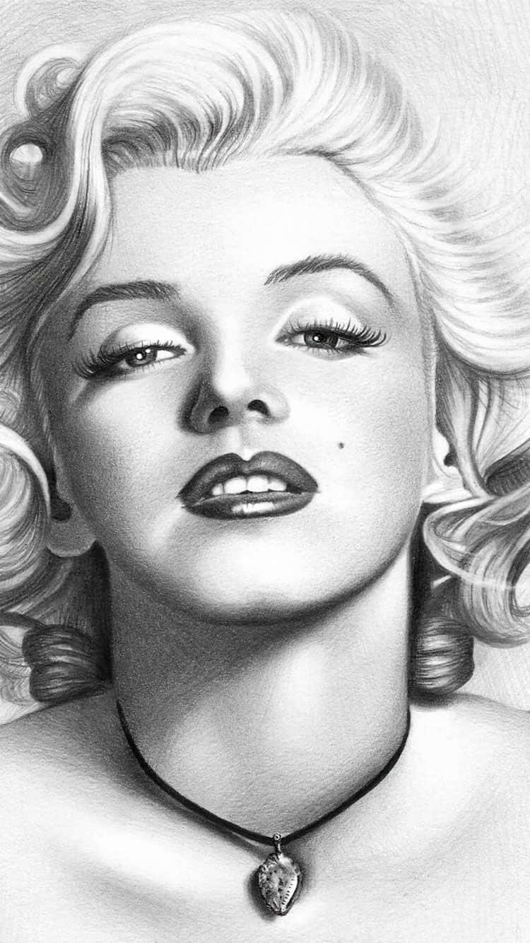 Marilyn Monroe iPhone 桌布 壁紙 — 瑪麗蓮夢露的詳細鉛筆素描，帶有豐盈的捲髮和吊墜項鍊。
