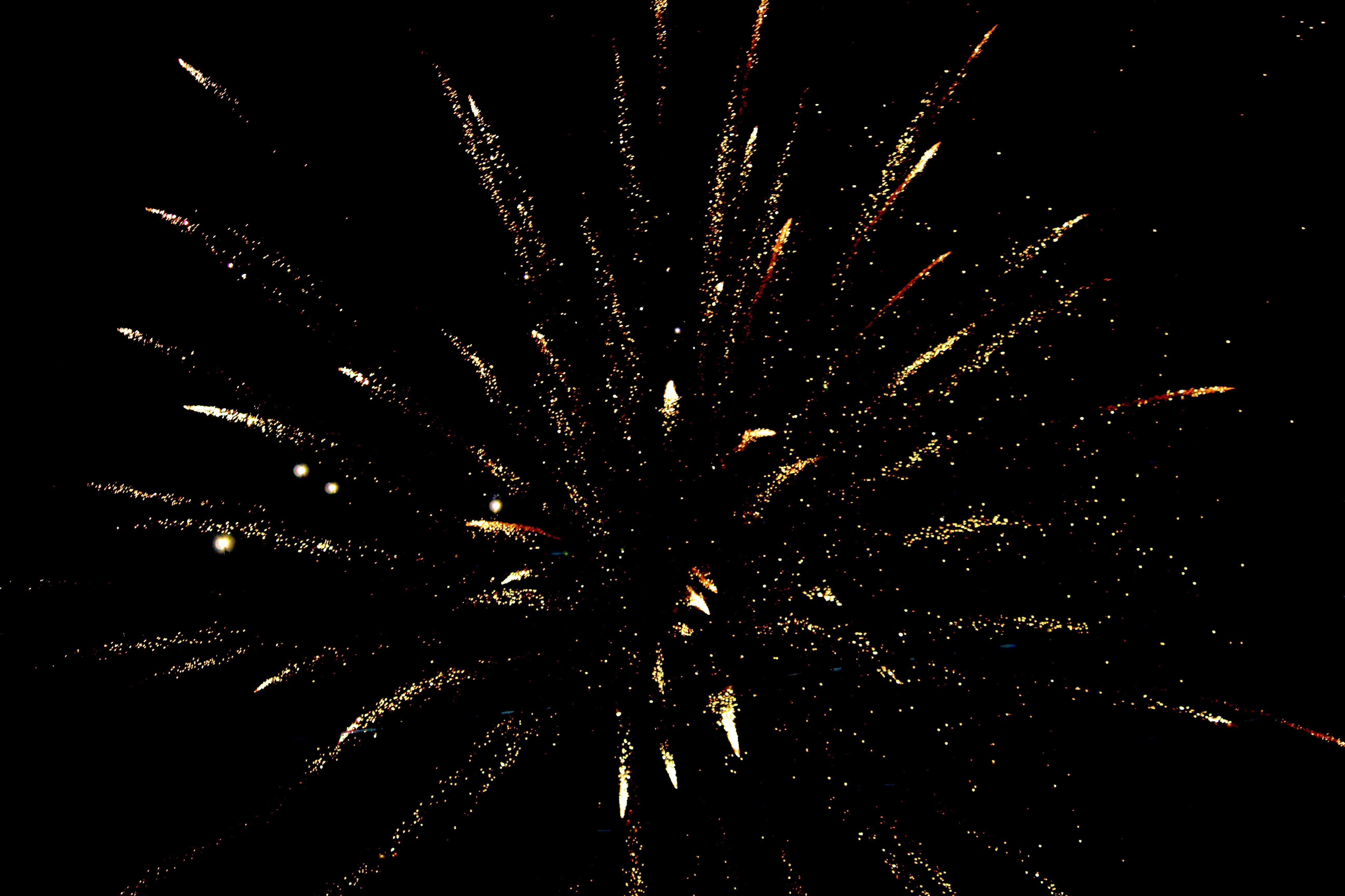 Fireworks 桌布 壁紙 — 璀璨的金色煙火在漆黑的夜空中綻放，閃爍的光芒四射。