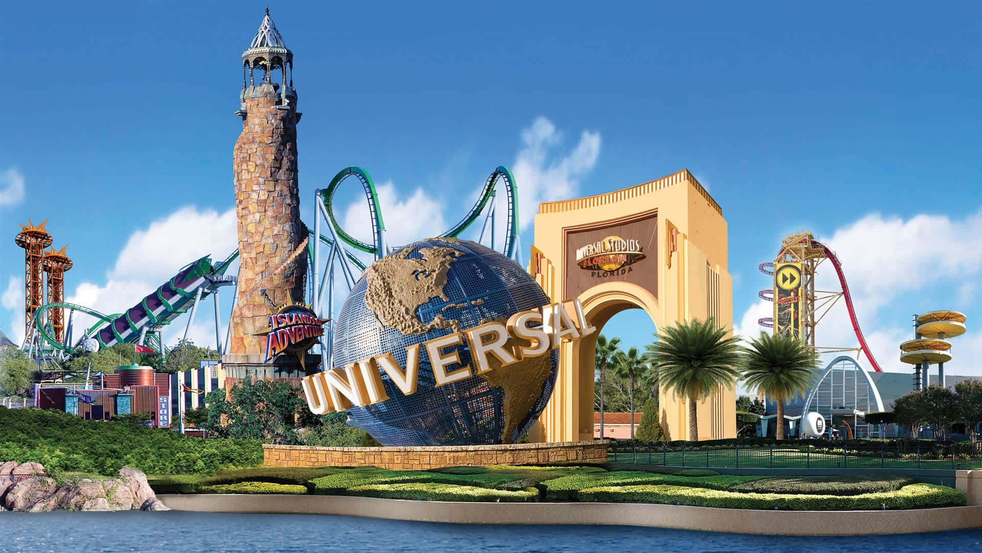 Universal 桌布 壁紙 — 環球影城主題公園充滿活力的日間景色，標誌性的地球標誌、雲霄飛車和棕櫚樹在晴朗的藍天下。