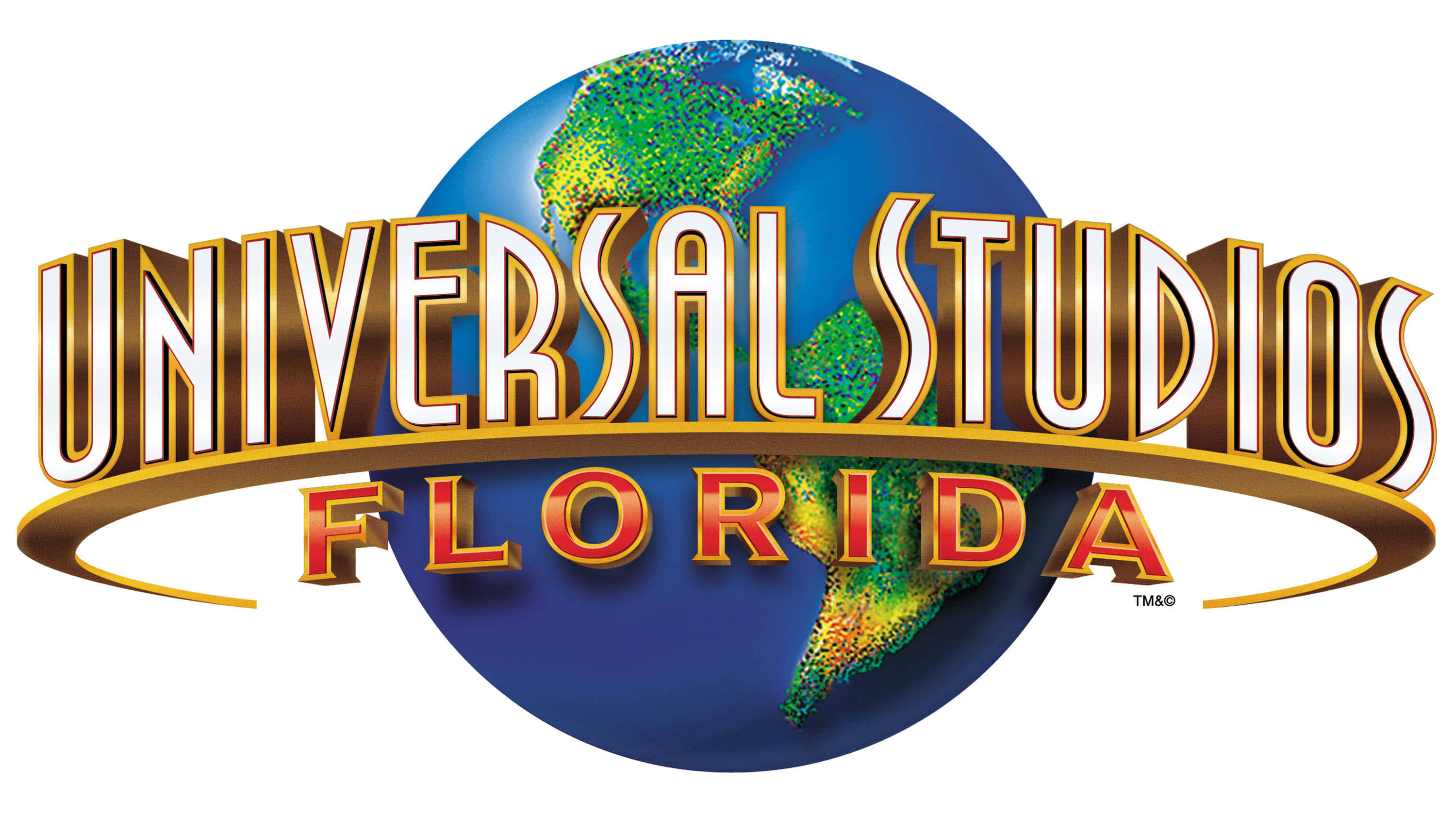 Universal 桌布 壁紙 — 環球影城佛羅里達的標誌以粗體3D字體弧形環繞在一個帶有綠色大陸的藍色地球上方。