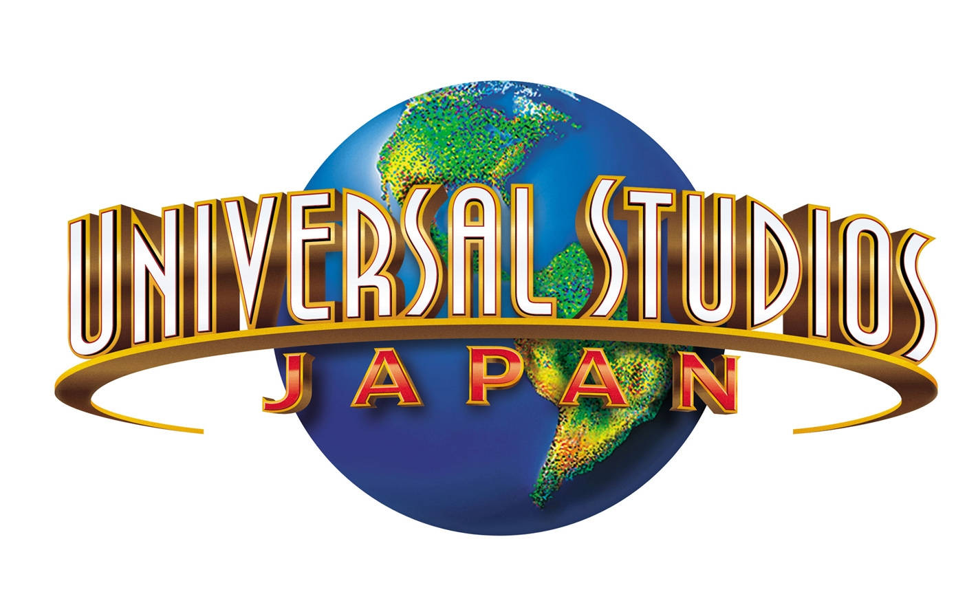 Universal 桌布 壁紙 — 環球影城日本標誌採用粗體3D字體，弧形環繞一個風格化的地球儀，上面有綠色大陸和藍色海洋。