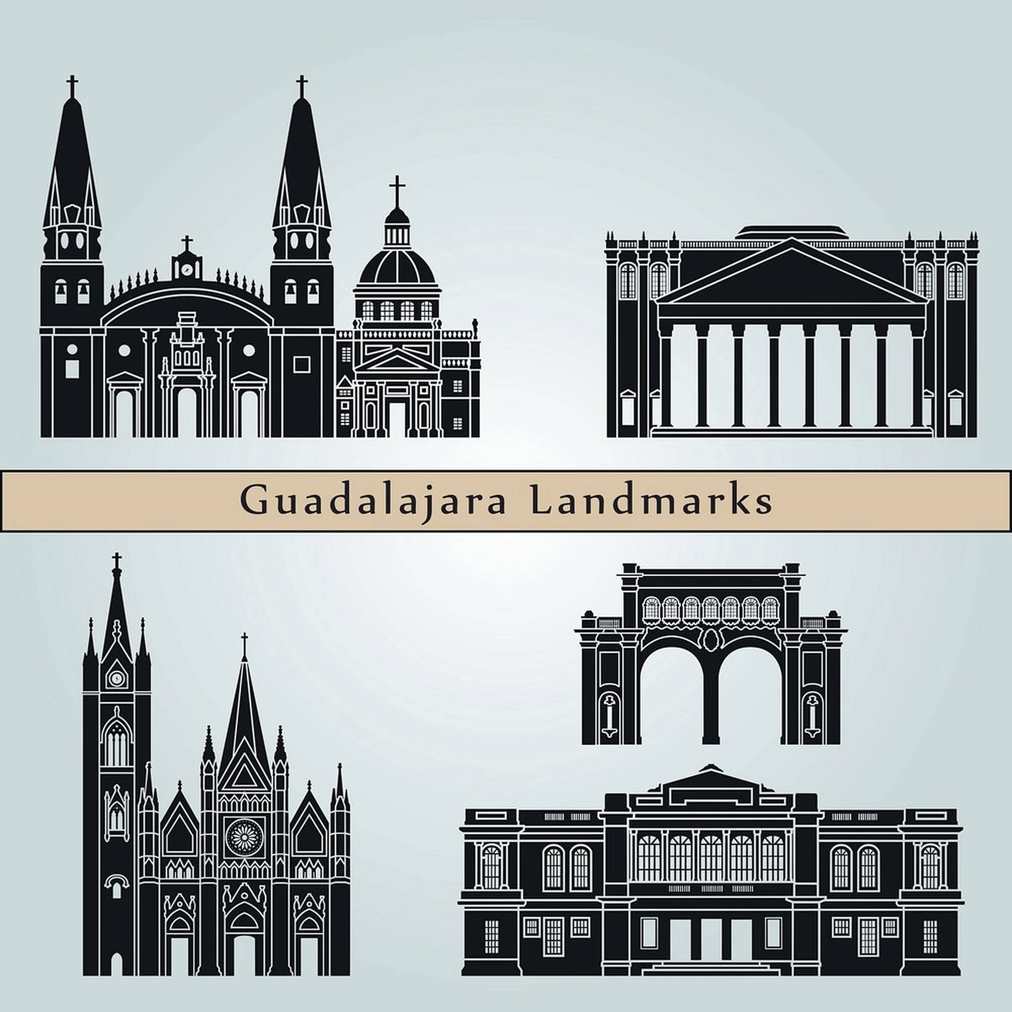 Guadalajara 桌布 壁紙 — 瓜達拉哈拉地標（包括大教堂和拱門）的黑色剪影圖示，背景為柔和藍色漸層。