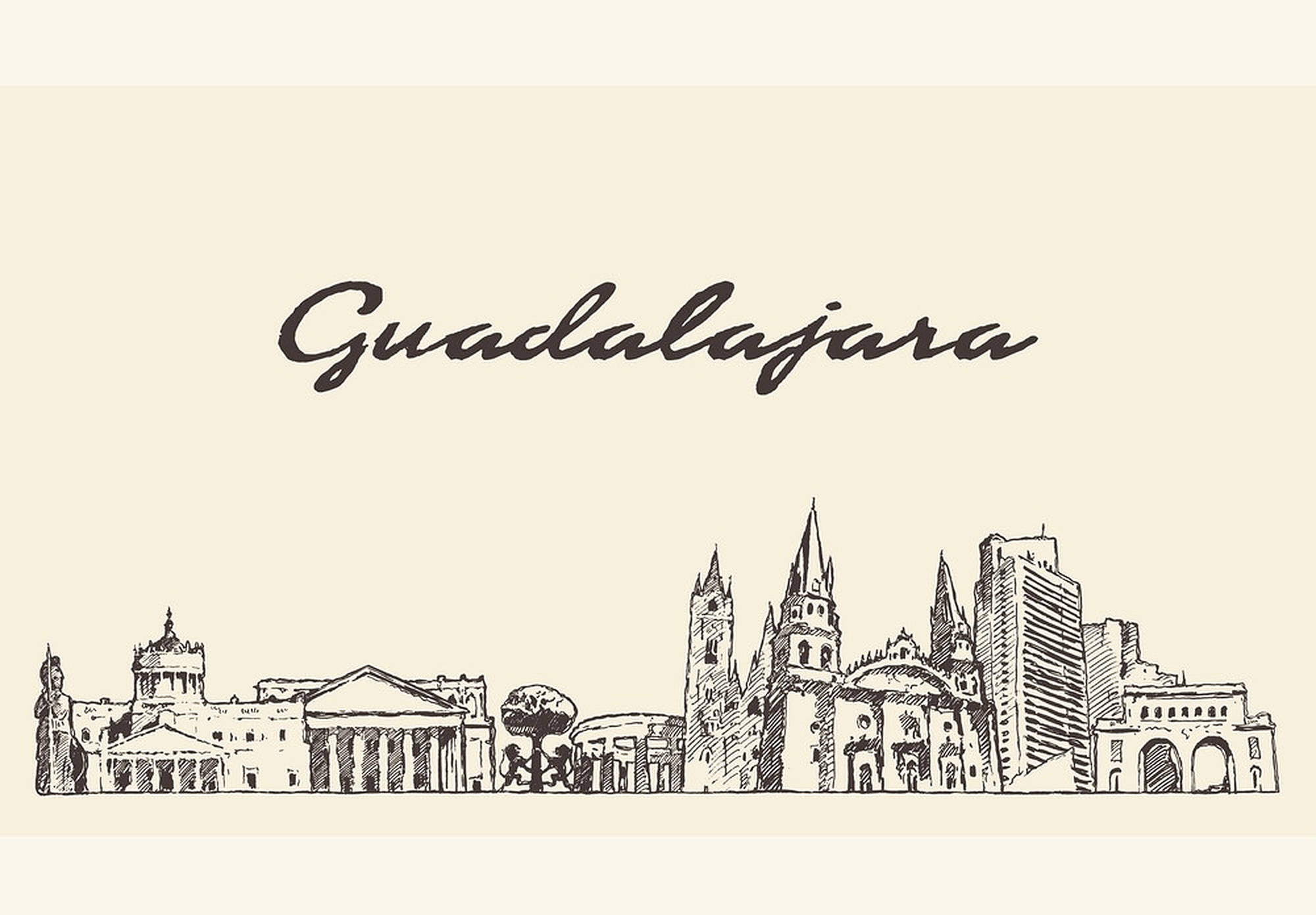 Guadalajara 桌布 壁紙 — 瓜達拉哈拉天際線的手繪草圖，以奶油色背景襯托歷史大教堂和現代摩天大樓。