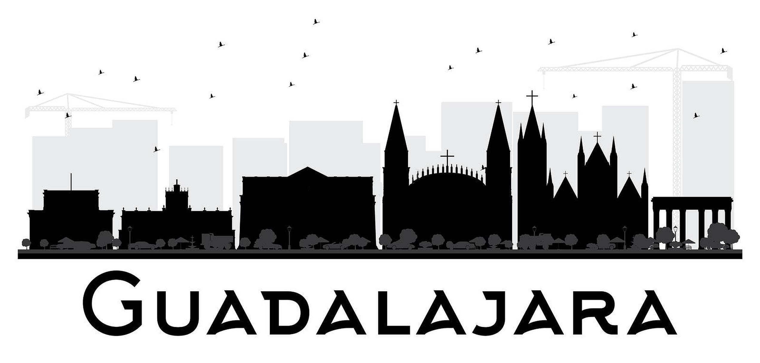 Guadalajara 桌布 壁紙 — 瓜達拉哈拉天際線的黑白剪影，包含大教堂、起重機和飛鳥。