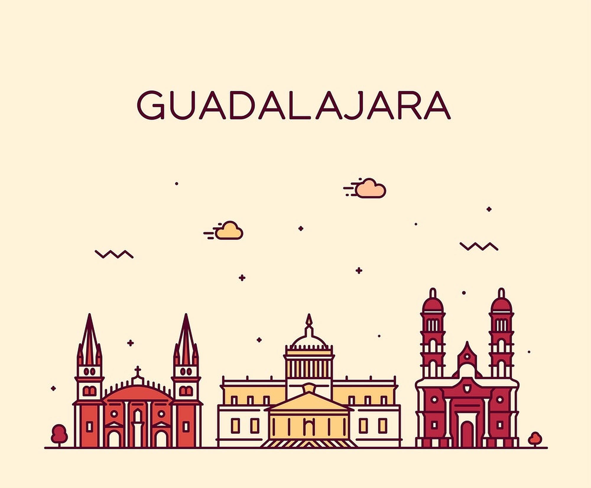 Guadalajara 桌布 壁紙 — 瓜達拉哈拉的極簡線條藝術天際線，紅色和米色建築物在蒼白的天空下，帶有風格化的雲朵。