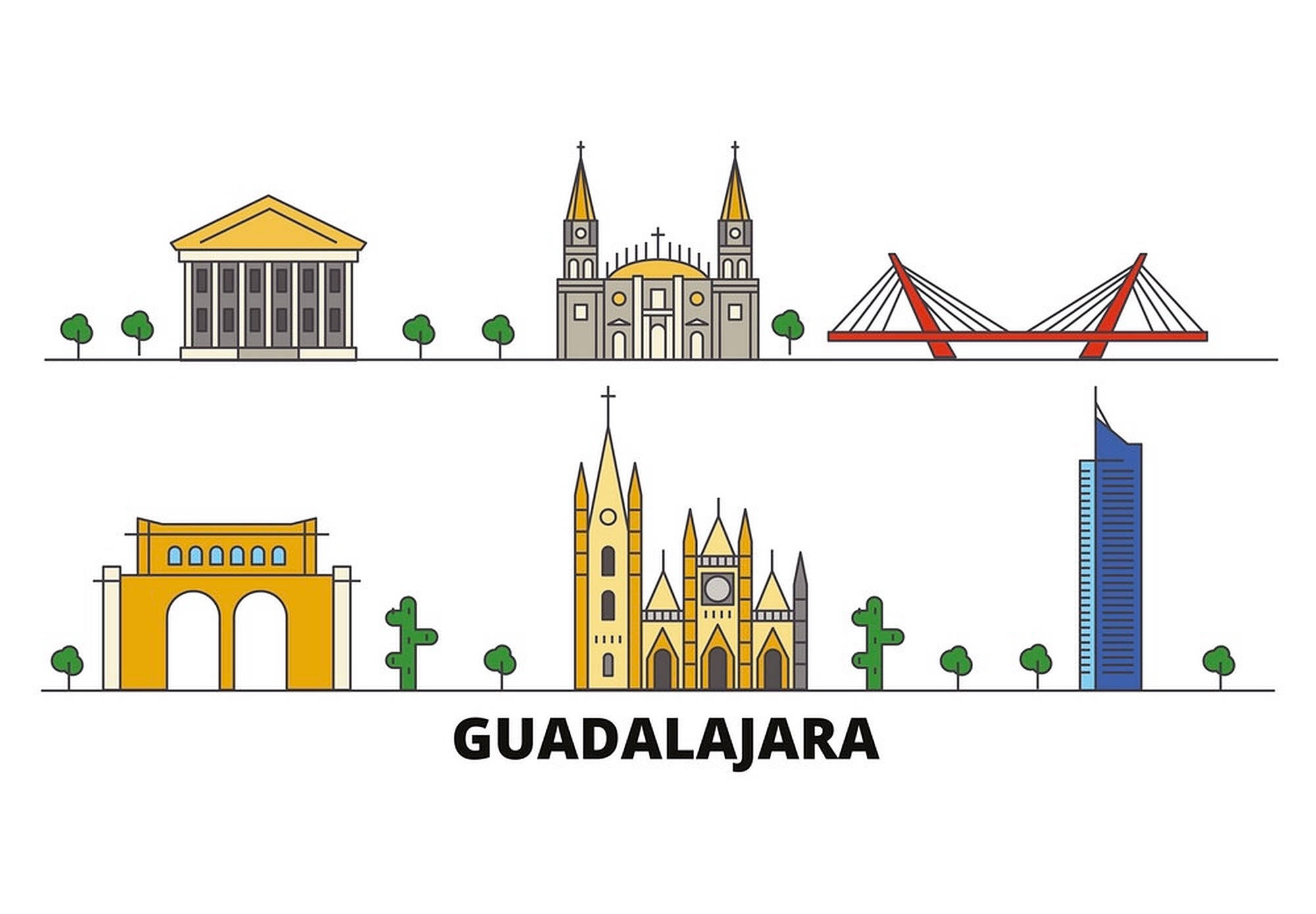 Guadalajara 桌布 壁紙 — 瓜達拉哈拉的極簡線條藝術天際線，以標誌性建築和紅色橋樑為特色，背景為純白色。