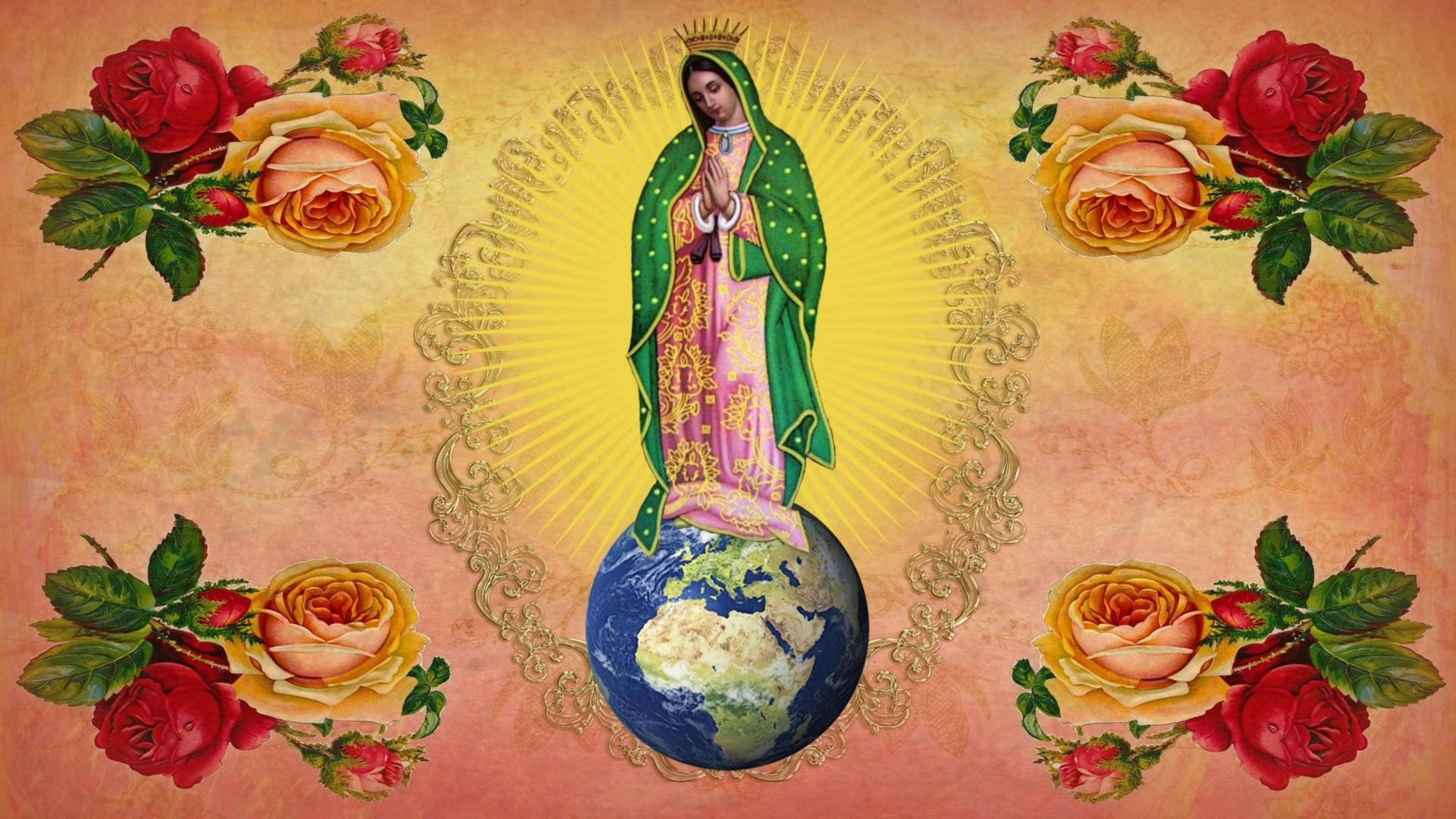 Catholic 桌布 壁紙 — 瓜達盧佩聖母光芒四射地站在地球儀上，被紅黃玫瑰環繞，背景是金色光環。