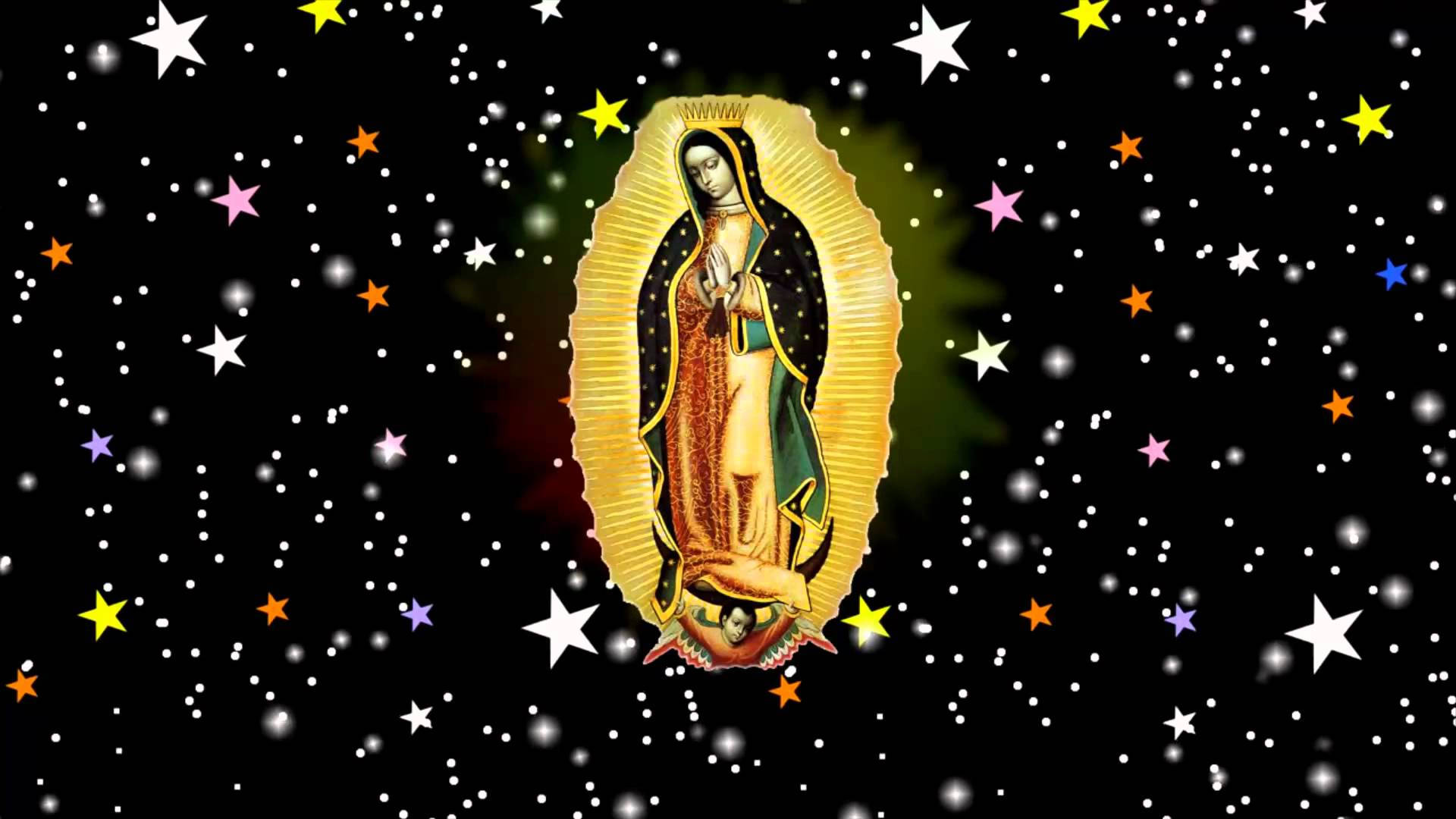 Catholic 桌布 壁紙 — 瓜達盧佩聖母在佈滿彩色星星的星空夜晚中散發金色光芒。