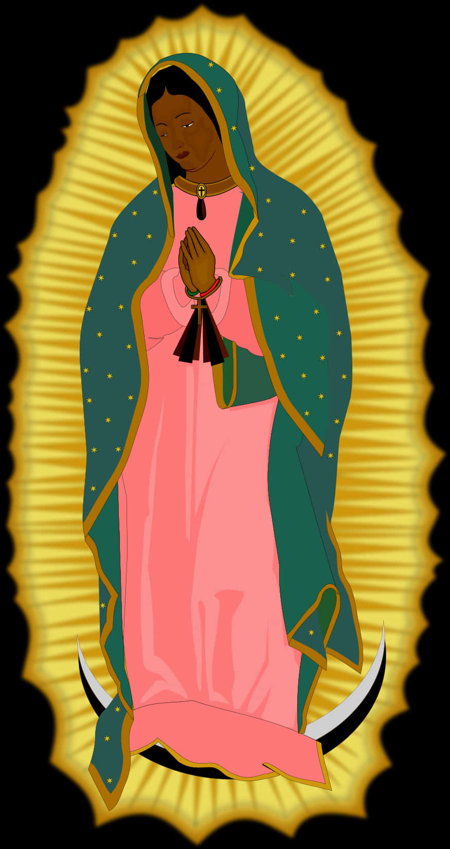 Virgin Mary 桌布 壁紙 — 瓜達盧佩聖母插圖，身穿粉紅色長袍和綠色斗篷，頭頂金色光環，腳踏新月。