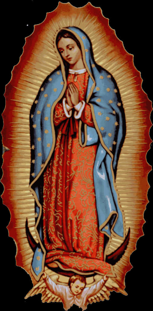 Virgin Mary 桌布 壁紙 — 瓜達盧佩聖母的燦爛描繪，身穿傳統藍紅長袍，帶有金色光芒，下方有天使。