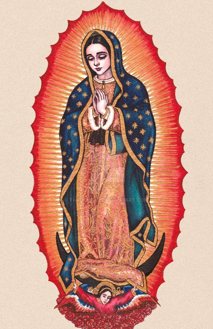 Catholic 桌布 壁紙 — 瓜達盧佩聖母的生動插圖，帶有光芒四射的紅色光環和佈滿星星的藍色斗篷，站在新月上，下方有天使。