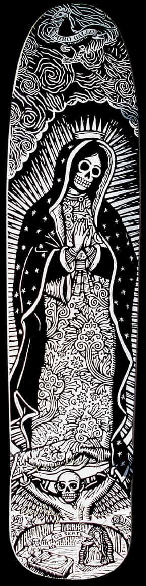 Virgin Mary 桌布 壁紙 — 瓜達盧佩聖母的詳細黑白插圖，帶有骷髏臉和華麗長袍，周圍環繞著漩渦圖案和骷髏。