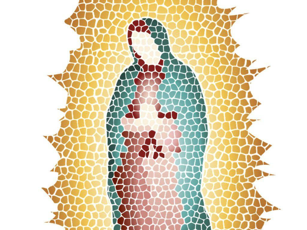 Virgen De Guadalupe 桌布 壁紙 — 瓜達盧佩聖母的風格化馬賽克形象，帶有發光的金色光環，背景為白色。