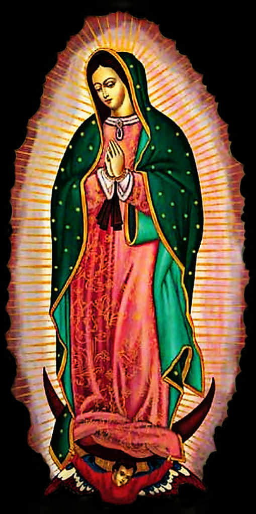 Virgin Mary 桌布 壁紙 — 瓜達盧佩聖母的鮮明插圖，帶有光輝光環和粉綠色長袍，站立在跪著的人物之上。