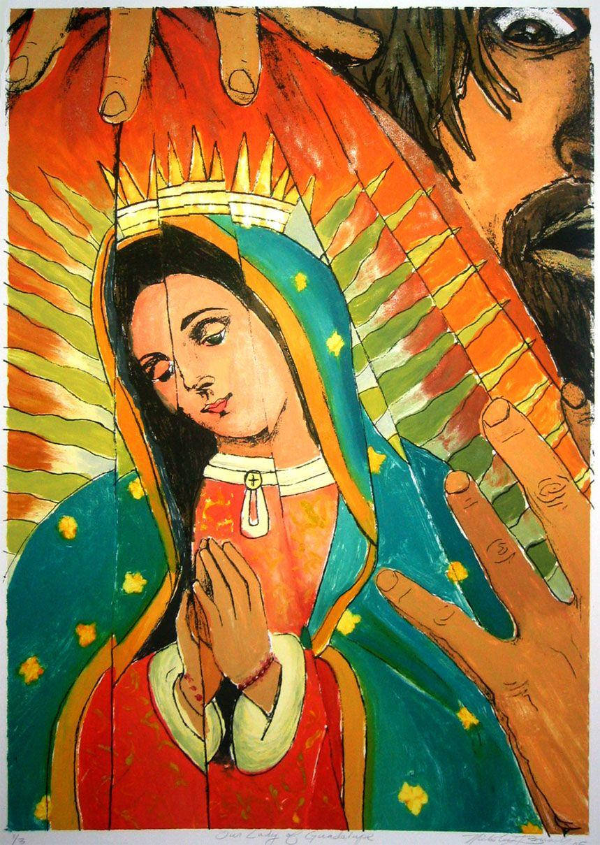 Catholic 桌布 壁紙 — 瓜達盧佩聖母的鮮豔插圖，帶有光環，雙手輕輕環繞她平靜祈禱的臉龐。