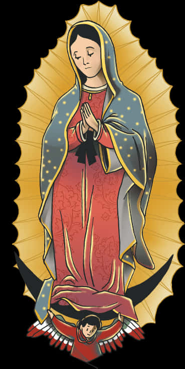 Virgin Mary 桌布 壁紙 — 瓜達盧佩聖母雙手合十祈禱，背景是光芒四射的金色光環的插圖。