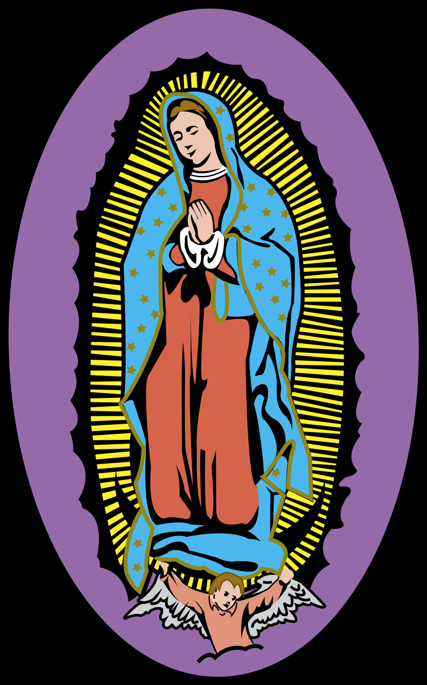 Virgin Mary 桌布 壁紙 — 瓜達露佩聖母插圖，雙手合十祈禱，身穿藍色星斗篷和紅色連衣裙，置於紫色橢圓形框架內。