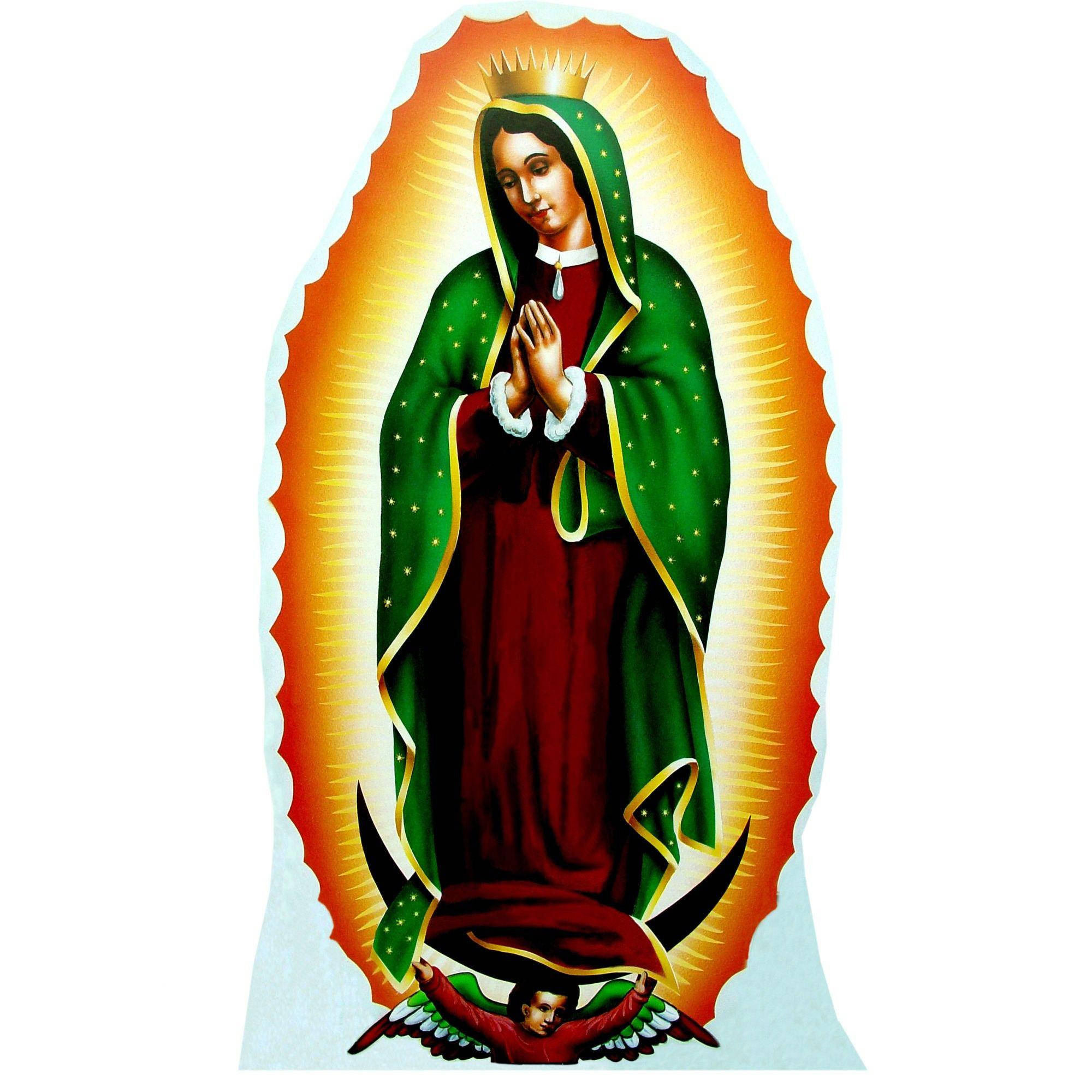 Catholic 桌布 壁紙 — 瓜達露佩聖母的鮮明插圖，身穿綠色斗篷和紅色裙子，帶有金色光環，腳下有天使。