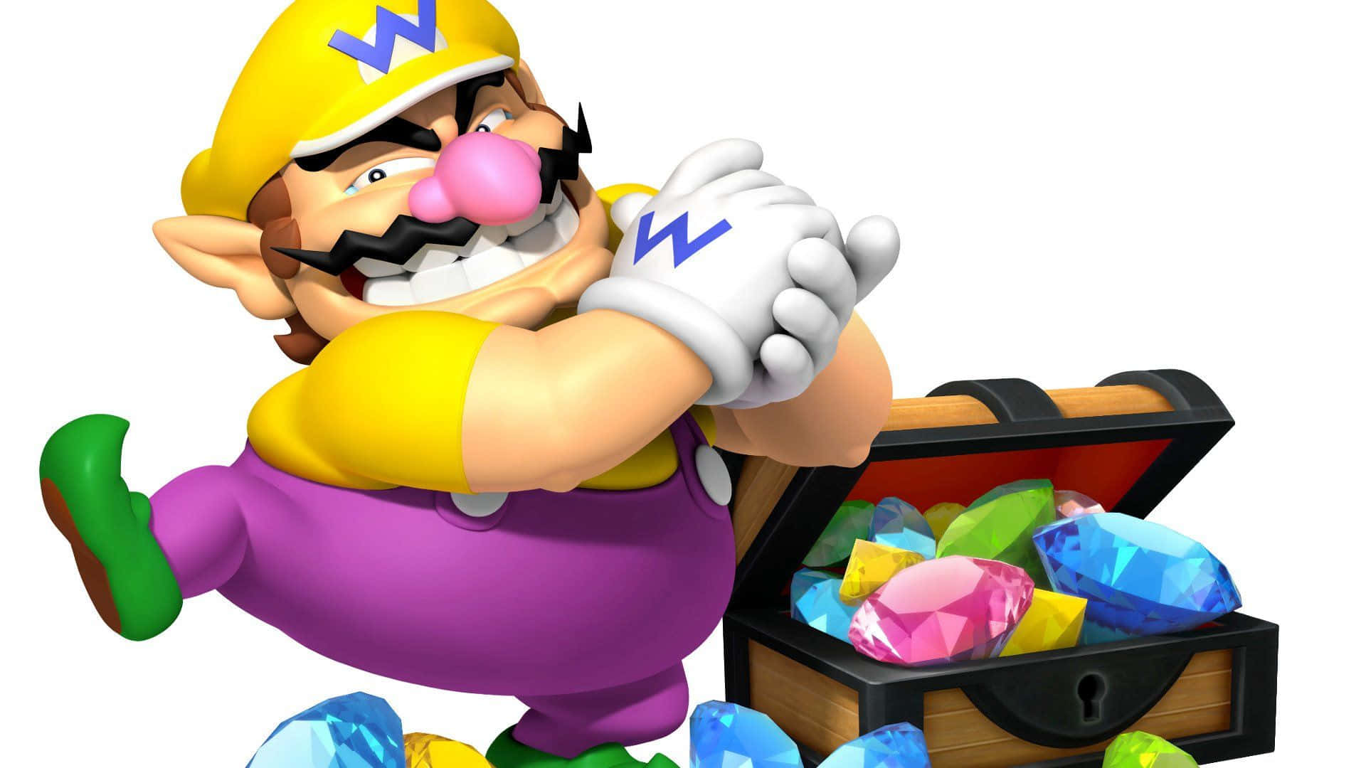 wario 桌布 壁紙 — 瓦利奧貪婪地咧嘴笑著，將一個裝滿彩色寶石的寶箱塞進懷裡。