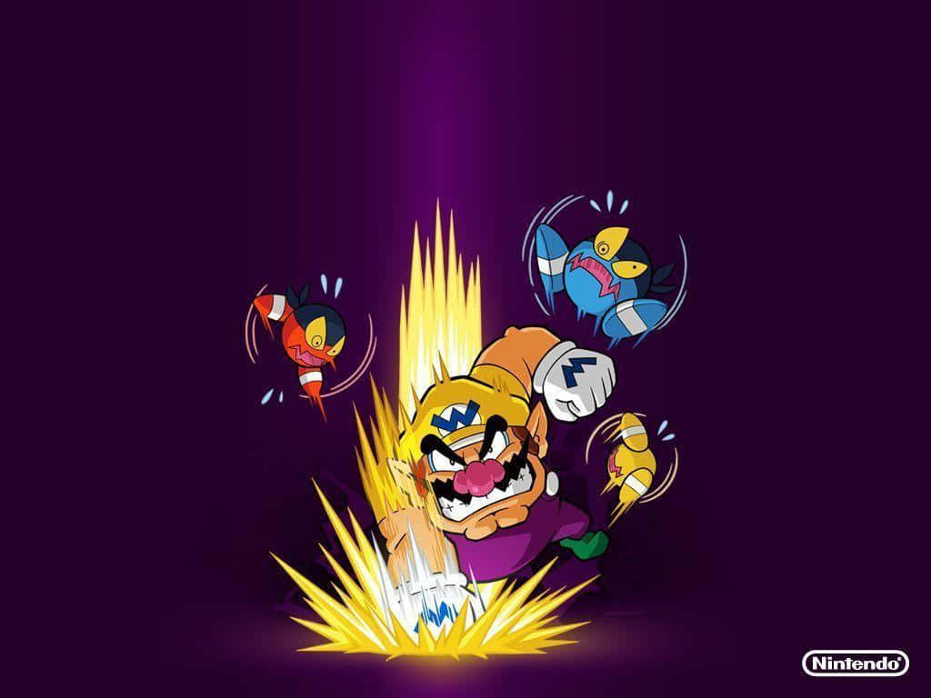 wario 桌布 壁紙 — 瓦利歐一拳擊穿黃色能量爆發，三條受驚的魚向後飛向深紫色背景。