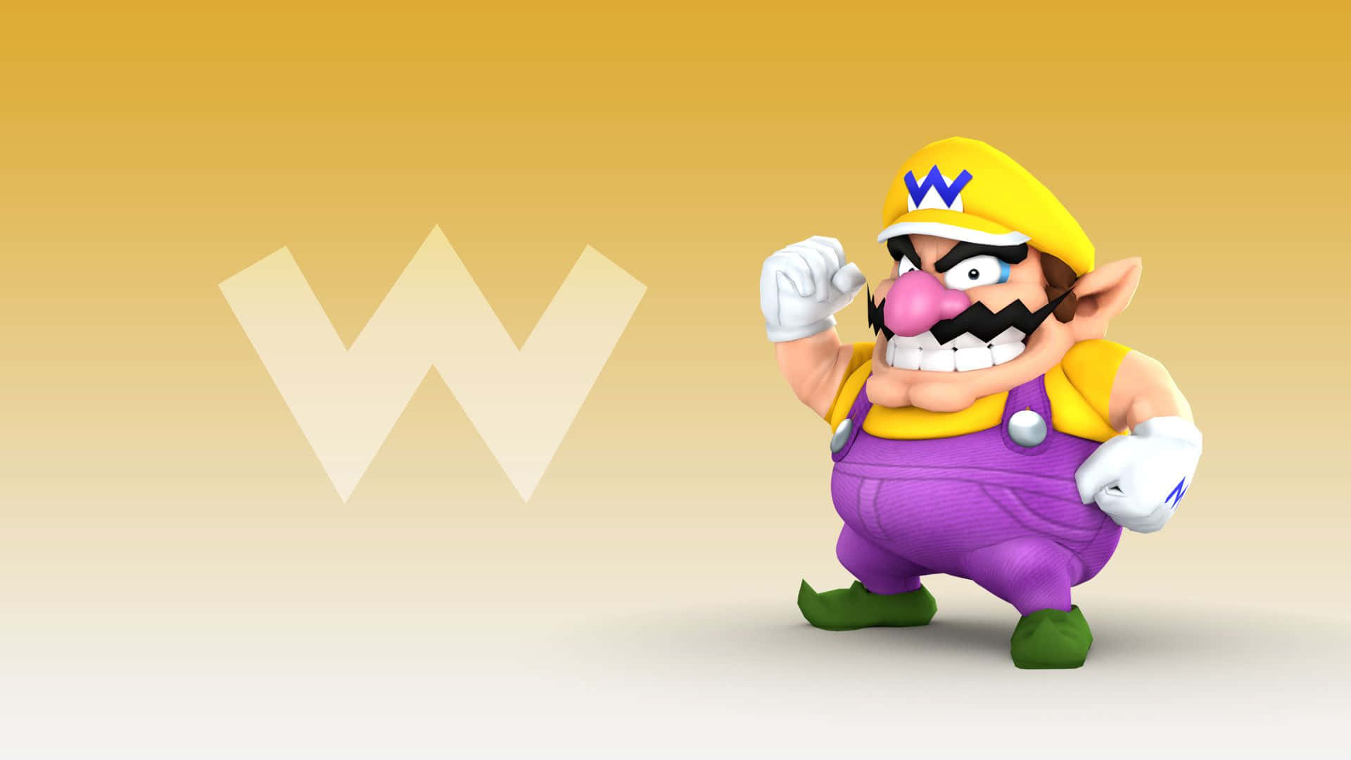 wario 桌布 壁紙 — 瓦利歐以自信姿態站立在黃色漸變背景前，身後有一個大型風格化W。