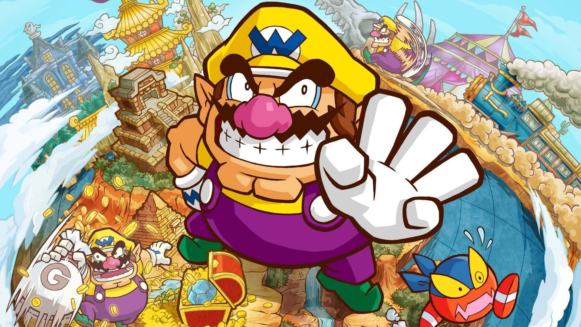 wario 桌布 壁紙 — 瓦利歐在一片混亂、色彩繽紛的卡通世界中勝利地站立，充滿寶藏、城堡和敵人。