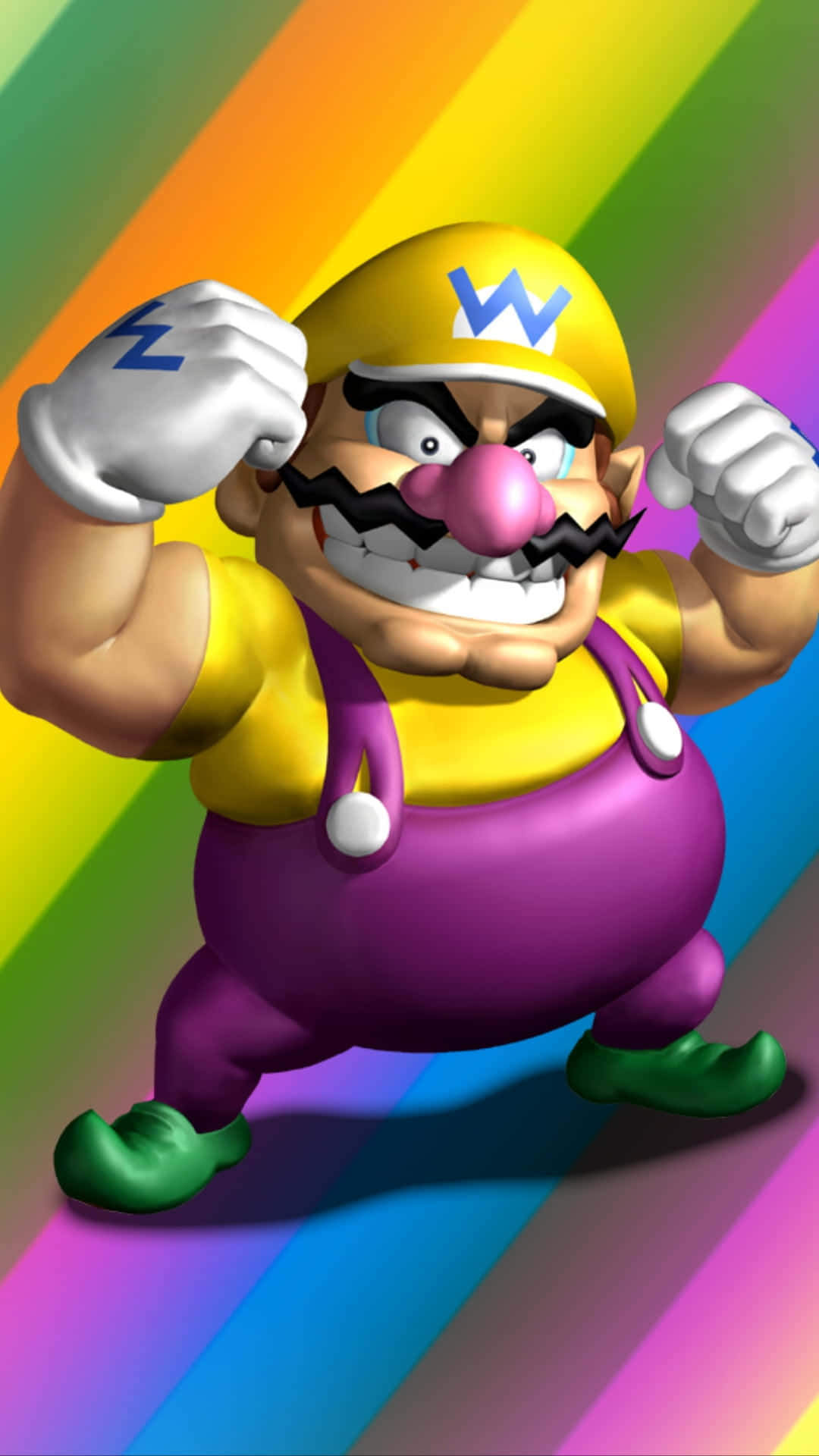wario 桌布 壁紙 — 瓦利歐在充滿活力的彩虹條紋背景上，露出兇猛的笑容，展示他的肌肉。