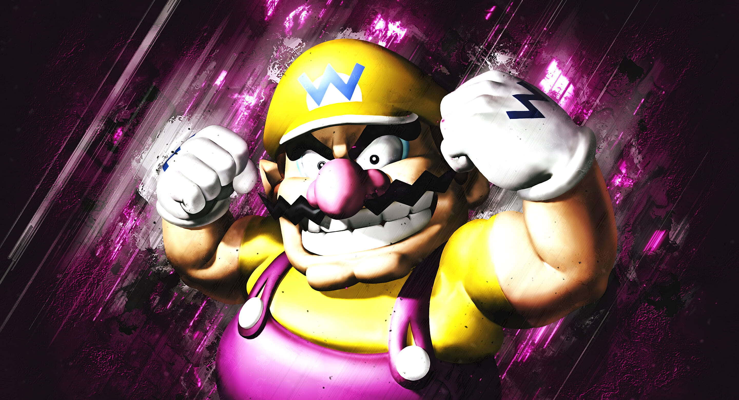 wario 桌布 壁紙 — 瓦利歐在充滿活力的紫色和粉紅色故障背景中，露出兇猛的笑容，展示他的肌肉。