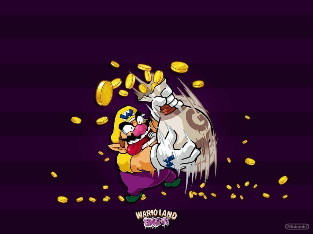 wario 桌布 壁紙 — 瓦利歐在條紋紫色背景前，狂喜地搖晃一袋金幣。
