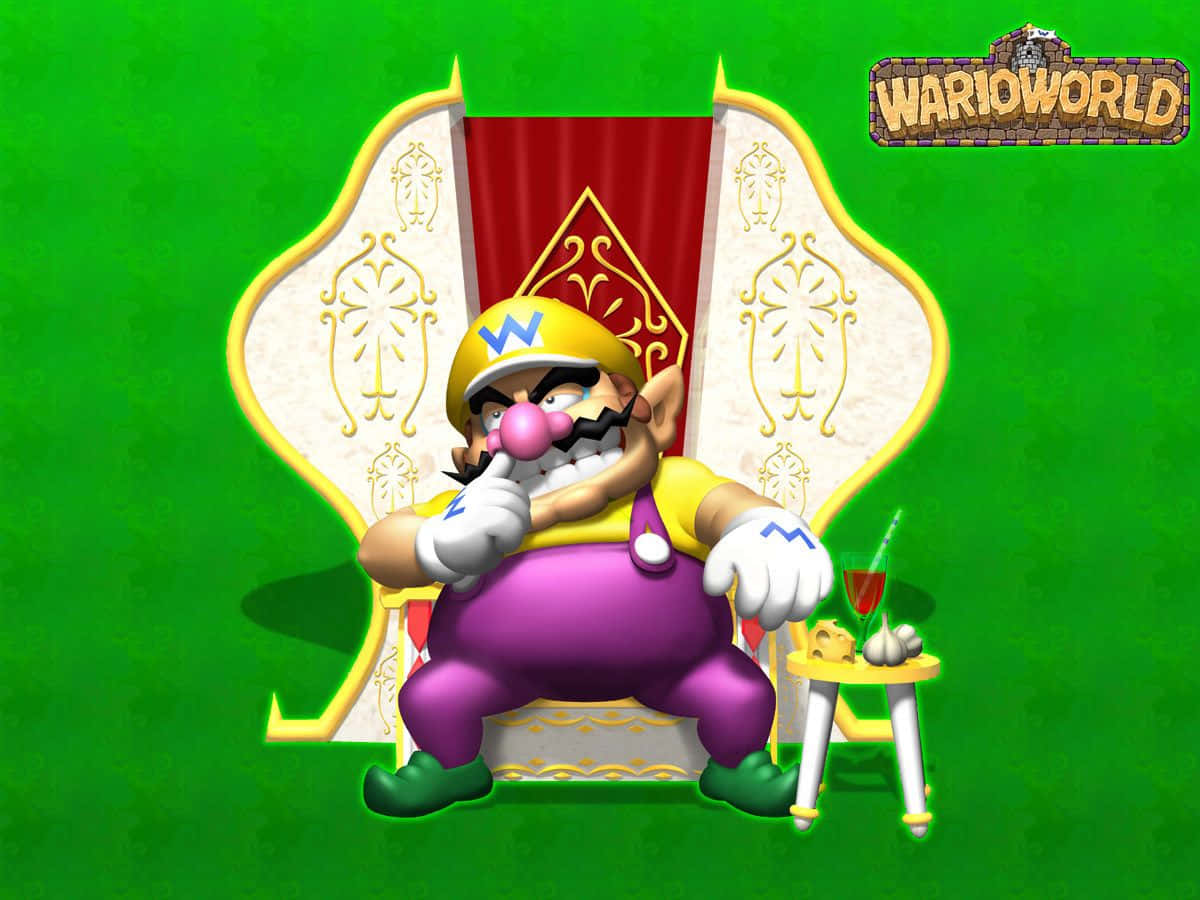 wario 桌布 壁紙 — 瓦利歐在瓦利歐世界中自鳴得意地坐在王座上，旁邊放著一杯飲料、大蒜和起司。