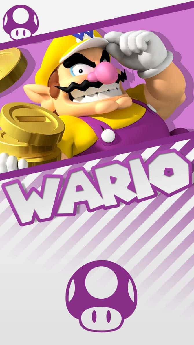 wario 桌布 壁紙 — 瓦利歐在紫色和白色條紋背景上，手持金幣，露出兇猛的笑容，並帶有他的標誌。