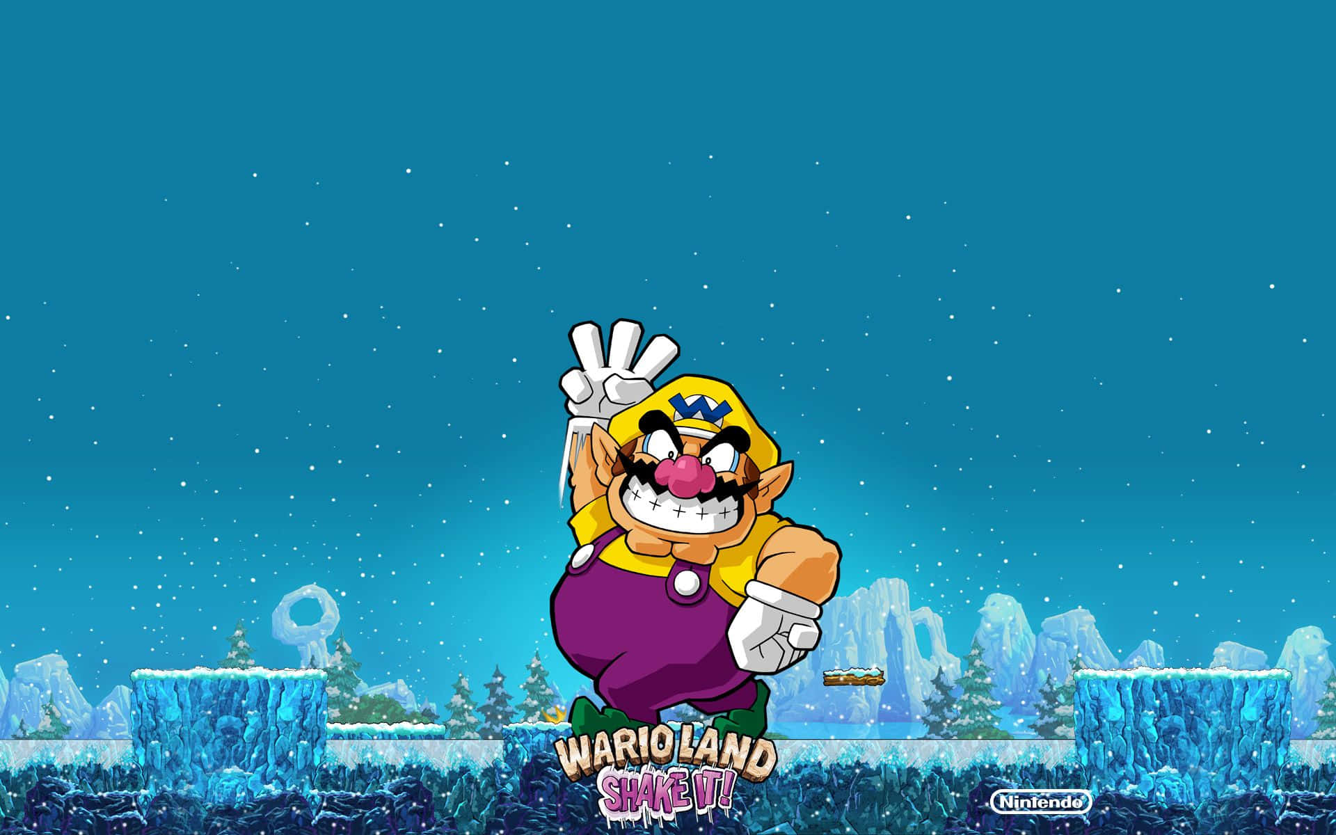 wario 桌布 壁紙 — 瓦利歐在雪景中，在繁星點點的藍綠色天空下，與冰平台和松樹一起愉快地揮手。