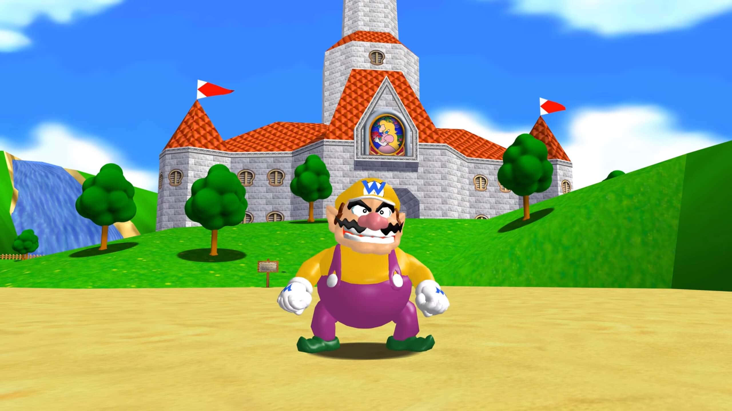 wario 桌布 壁紙 — 瓦利歐憤怒地站在一座擁有紅色屋頂和綠色山丘的城堡前，背景是明亮的藍天。
