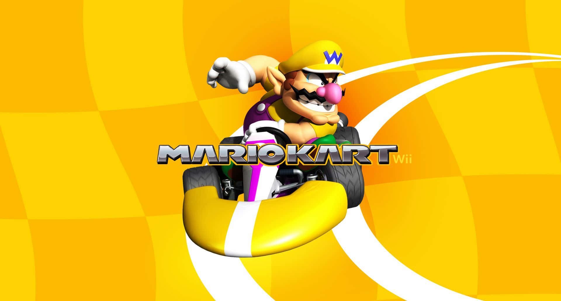 wario 桌布 壁紙 — 瓦利歐駕駛他的黃色卡丁車，在充滿活力的黃色方格背景上留下白色運動軌跡。